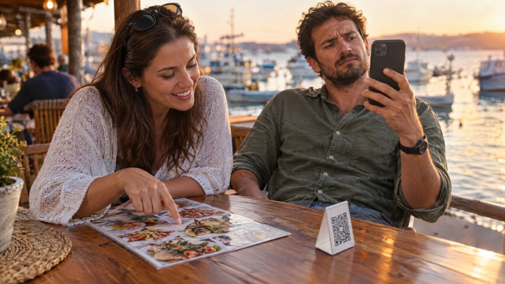 A woman points at a printed menu on the table while her dinner companion frowns at a QR code menu on his phone.