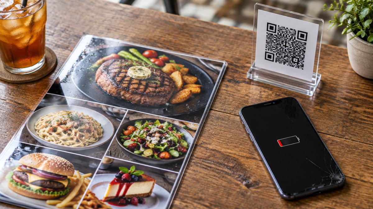 A full-color printed menu next to a QR code table stand and a phone with a dead battery.