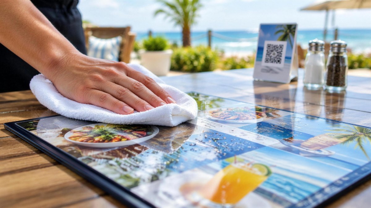 A server wipes down a waterproof menu on a beachside patio table.